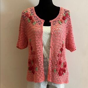 Vintage April Cornell Crochet Cardigan, pink floral, short sleeve, size L